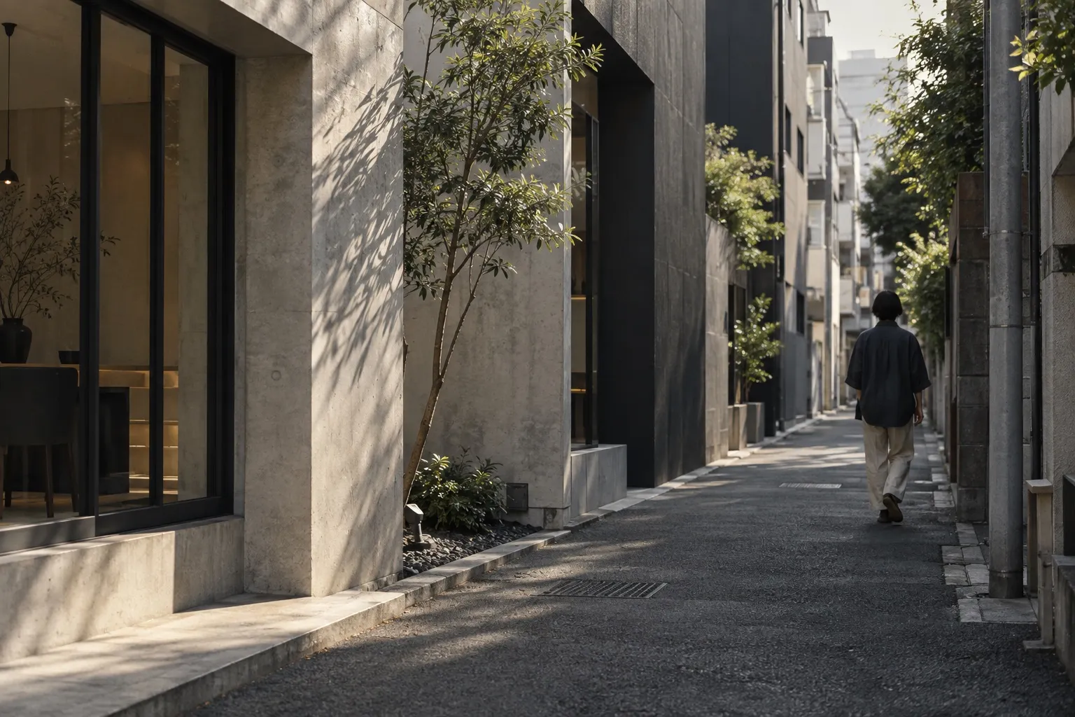コンクリートの建物に斜光が差す路地を歩く人物の後ろ姿（イメージ）